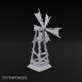 Wind Stopped Asking Ruined Wooden Windmill with Tattered Sails on Cracked Stone Base