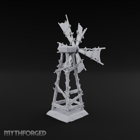 Wind Stopped Asking Ruined Wooden Windmill with Tattered Sails on Cracked Stone Base