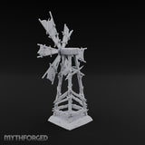Wind Stopped Asking Ruined Wooden Windmill with Tattered Sails on Cracked Stone Base