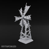 Wind Stopped Asking Ruined Wooden Windmill with Tattered Sails on Cracked Stone Base