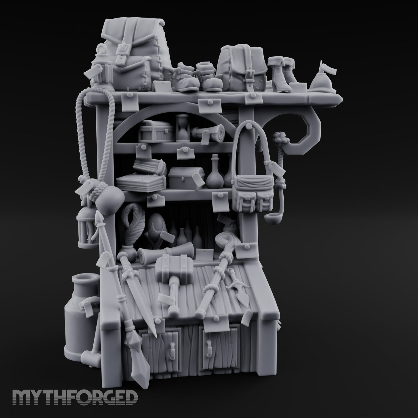 Pack-Hung Blade-Scattered Adventurer's Supply Shelf Miniature for Dungeons and Dragons, Pathfinder or other TTRPGs