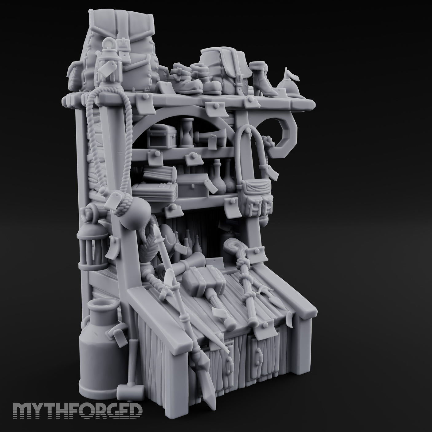 Pack-Hung Blade-Scattered Adventurer's Supply Shelf Miniature for Dungeons and Dragons, Pathfinder or other TTRPGs