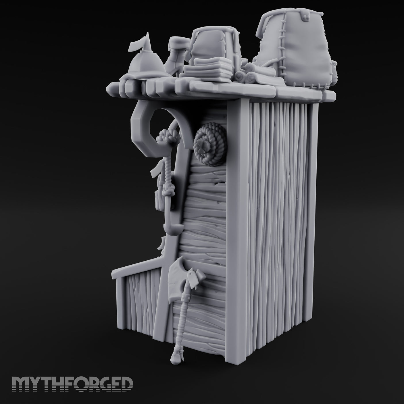 Pack-Hung Blade-Scattered Adventurer's Supply Shelf Miniature for Dungeons and Dragons, Pathfinder or other TTRPGs