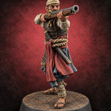 Sandals Planted, Matchlocks Steady Human Matchlock Gunner C — painted concept preview (miniature supplied unpainted)