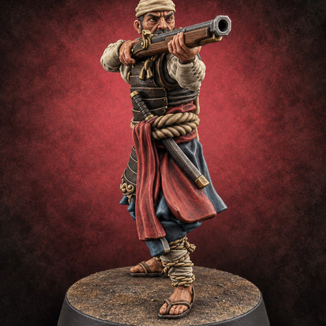 Sandals Planted, Matchlocks Steady Human Matchlock Gunner C — painted concept preview (miniature supplied unpainted)