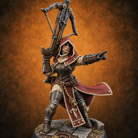 Pray, Then Aim Human Female Hooded Crossbow Arbalist B — painted concept preview (miniature supplied unpainted)