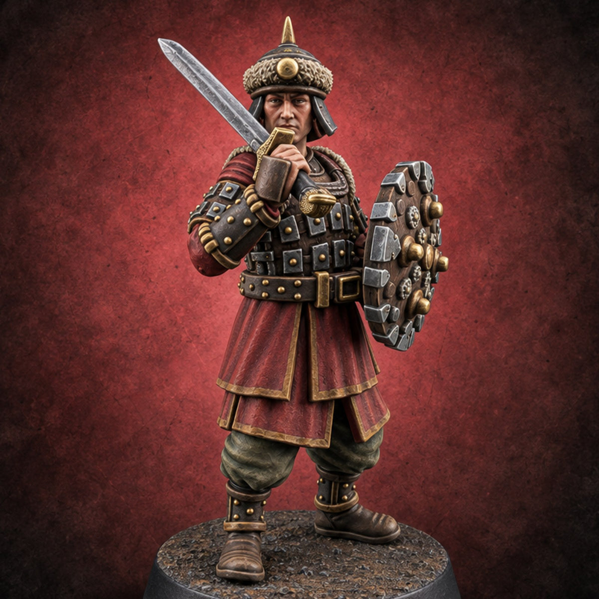 Shields Studded, Steel Singing Human Steppe Swordsman G — painted concept preview (miniature supplied unpainted)