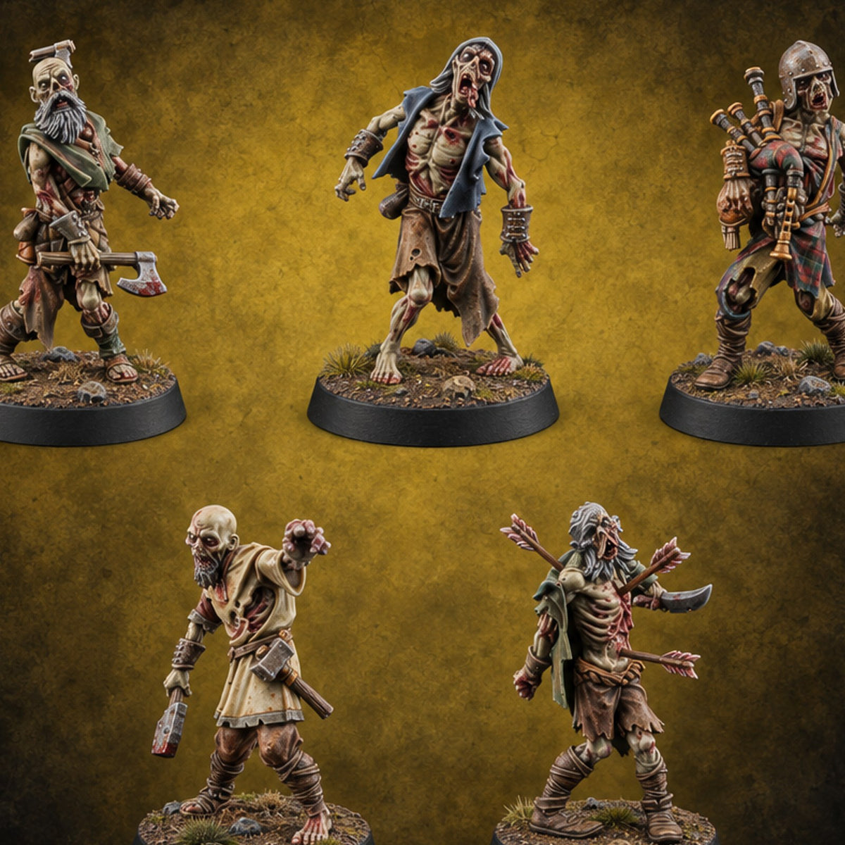 Dead Tired and Still Walking Zombies with Axe, Hammer, Bagpipes and Arrows — painted concept preview (miniature supplied unpainted)