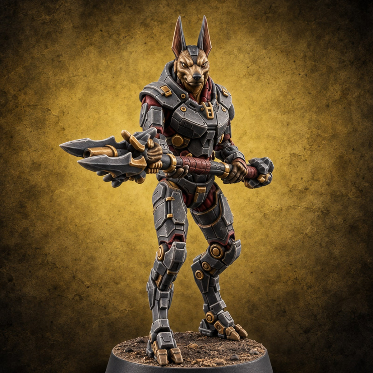 Duty Beyond the Afterlife Gnoll Armoured Jackal Guard with Staff A — painted concept preview (miniature supplied unpainted)