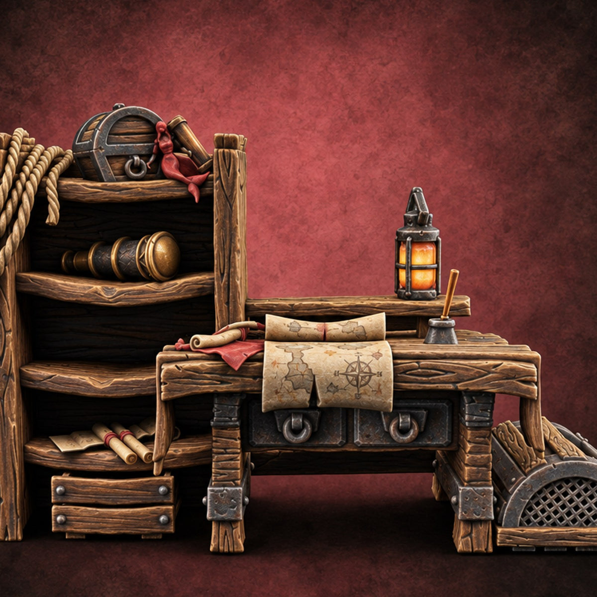 Charts Pinned, Lamp Burning Wooden Desk with Shelving Unit — painted concept preview (terrain supplied unpainted)