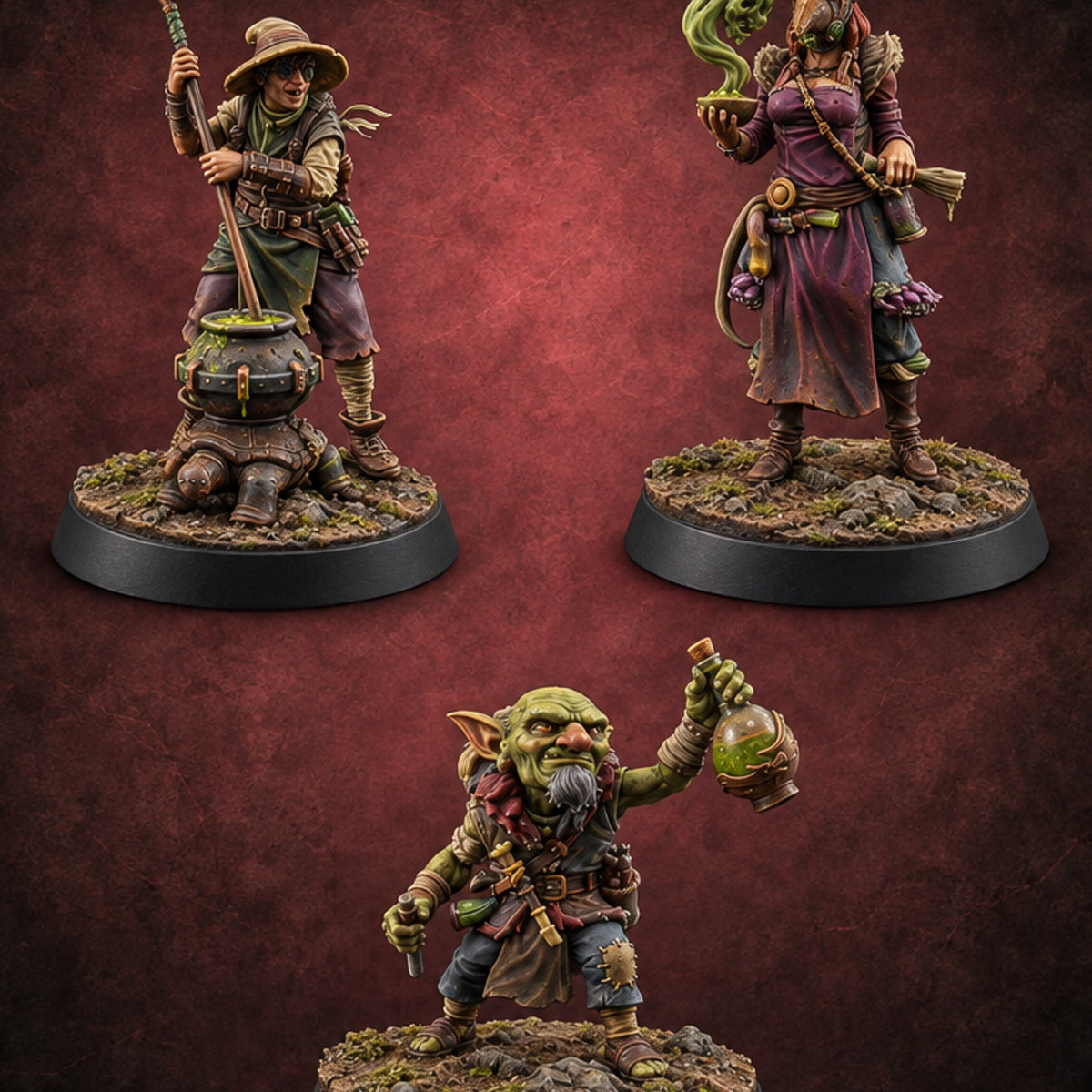 Fumes Included Human and Goblin Poison Vendors — painted concept preview (miniature supplied unpainted)