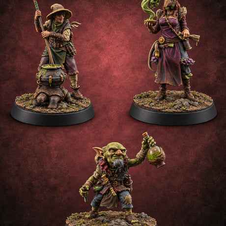 Fumes Included Human and Goblin Poison Vendors — painted concept preview (miniature supplied unpainted)