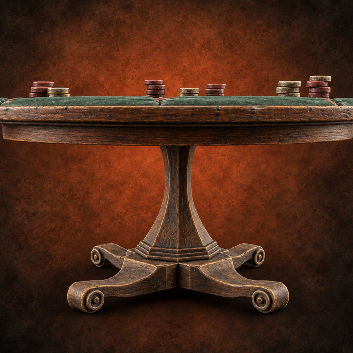 Stakes Stacked, Chairs Pushed Back Wooden Game Table A — painted concept preview (terrain supplied unpainted)