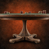 Stakes Stacked, Chairs Pushed Back Wooden Game Table A — painted concept preview (terrain supplied unpainted)