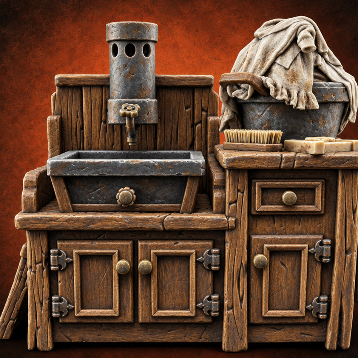 Scrub Brush Waiting Its Turn Wooden Laundry Sink Cabinet — painted concept preview (terrain supplied unpainted)