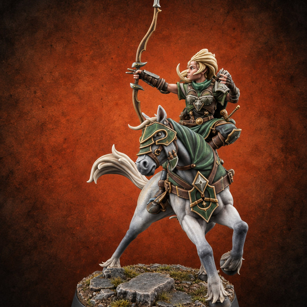 Wyrm Tracked, Bowstring Drawn Elf Mounted Archer — painted concept preview (miniature supplied unpainted)