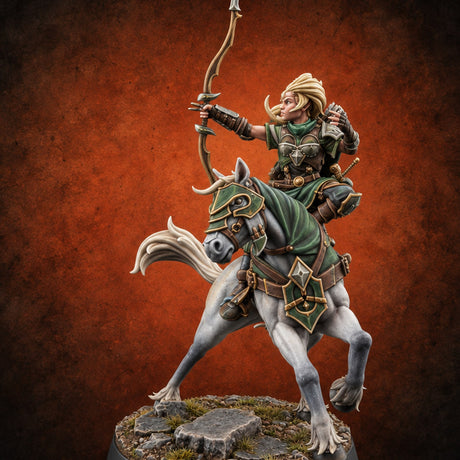 Wyrm Tracked, Bowstring Drawn Elf Mounted Archer — painted concept preview (miniature supplied unpainted)
