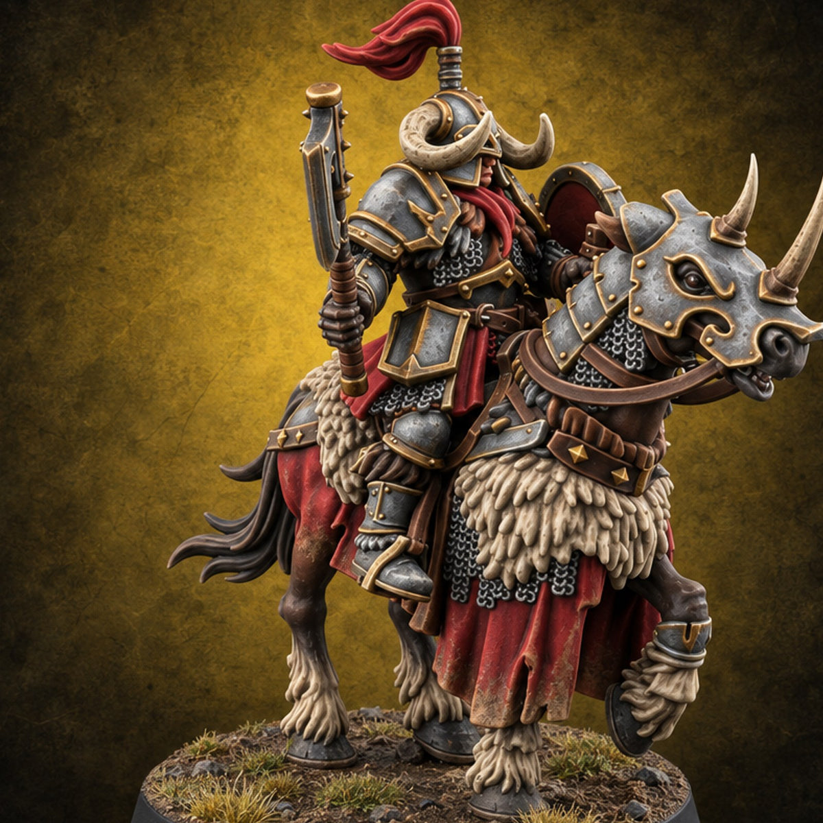 Hooves Thunder, Horns Gleam Human Horned Cavalry Warrior E — painted concept preview (miniature supplied unpainted)