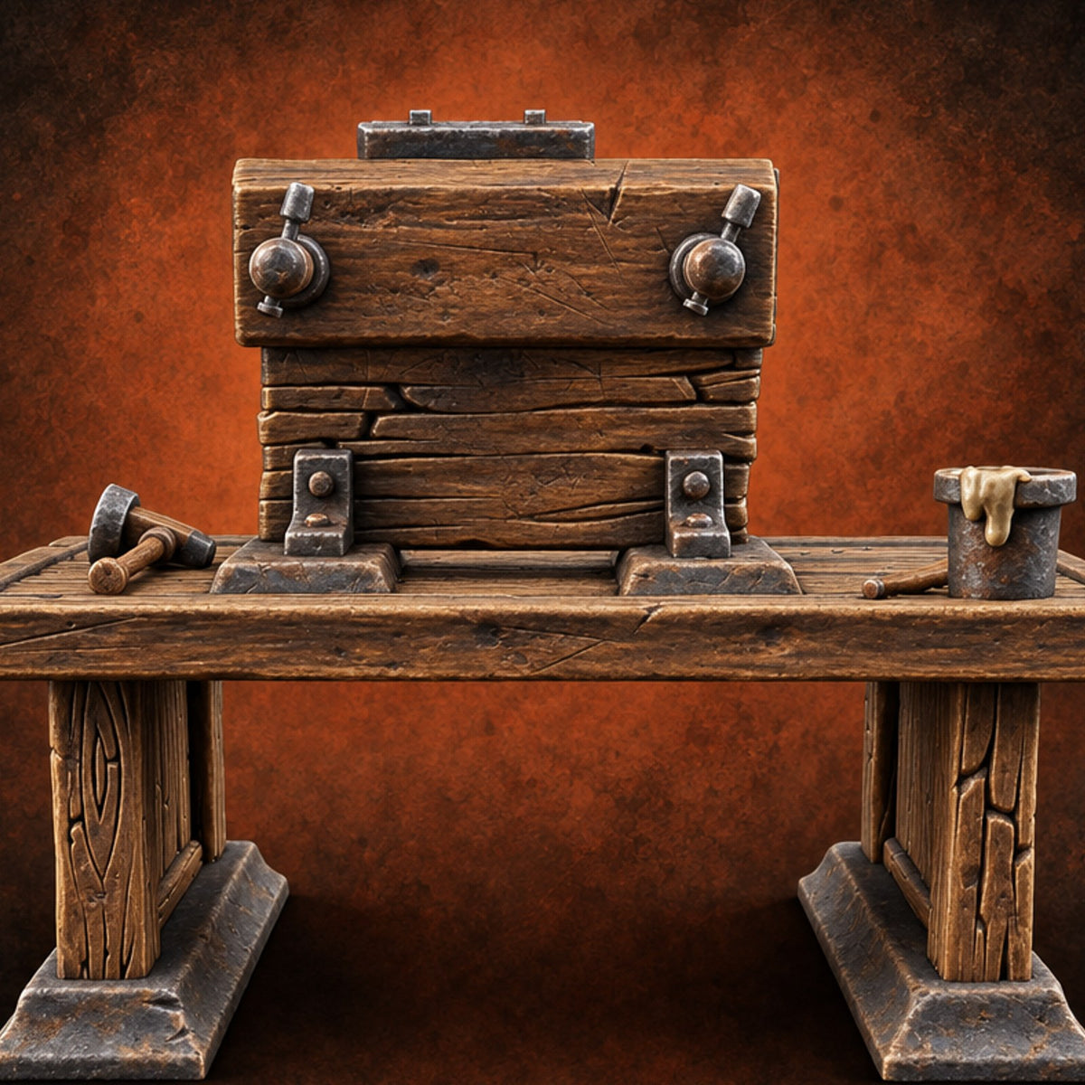 Clamped Down, Cured Overnight Wooden Bookbinding Press Workbench — painted concept preview (terrain supplied unpainted)