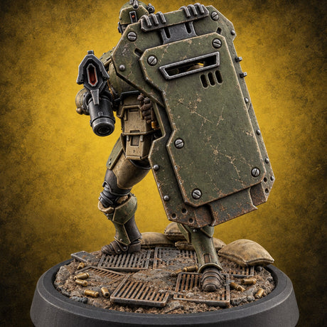 Peek Through the Slot, Regret Nothing Human Shield Soldier F — painted concept preview (miniature supplied unpainted)
