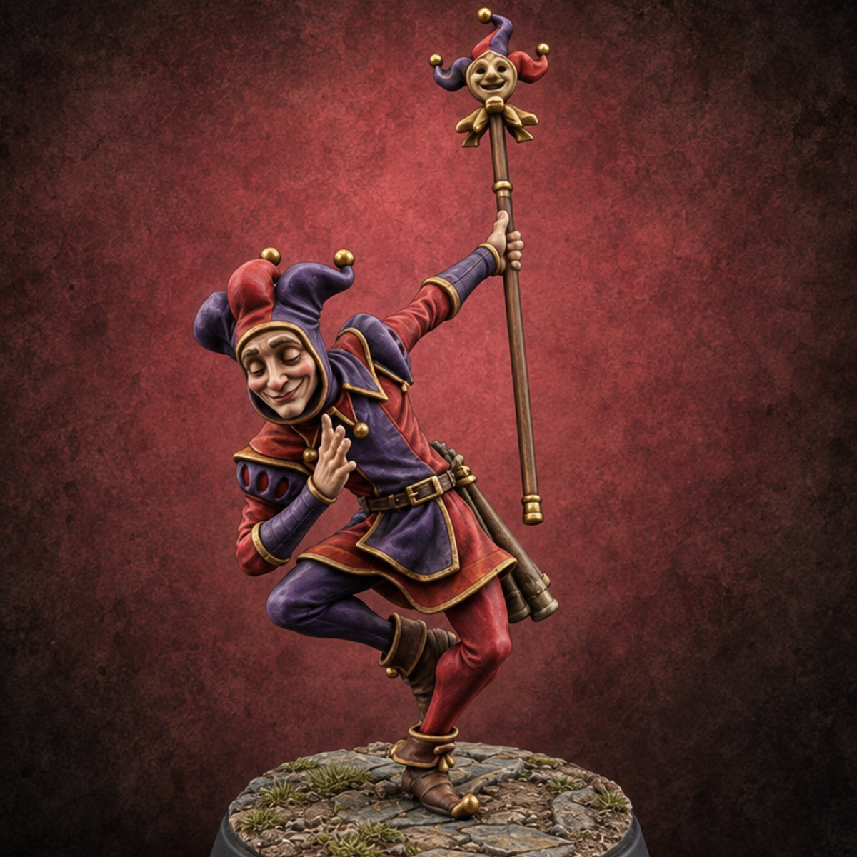 Mid-Pirouette, Mid-Punchline Human Jester — painted concept preview (miniature supplied unpainted)