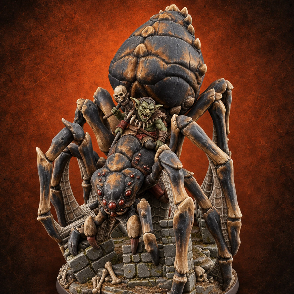 Webs Over Crumbling Brick Goblin Chief and Giant Spider A — painted concept preview (miniature supplied unpainted)