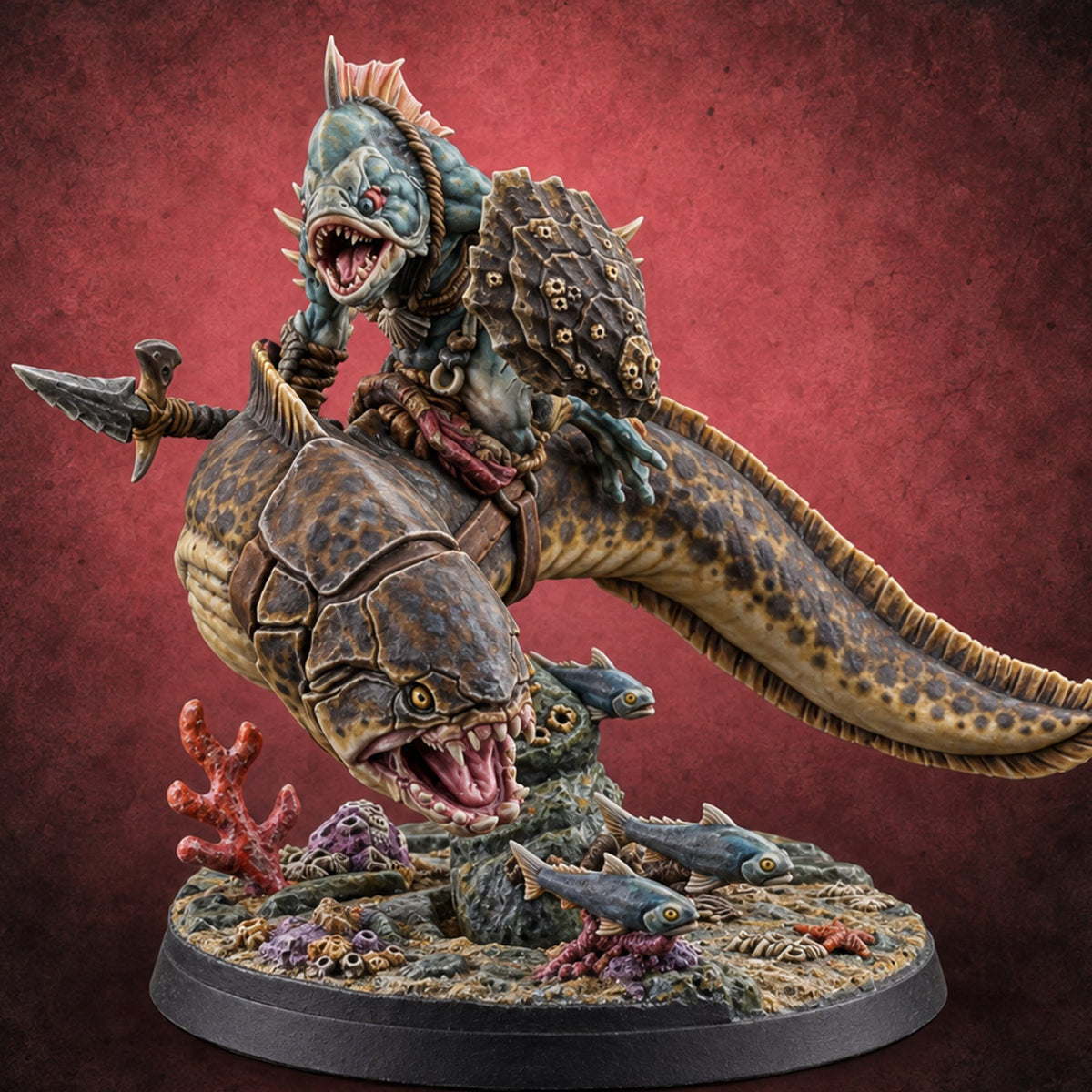 The Undertow Goes to War Kuo-toa Giant Moray Eel Rider A — painted concept preview (miniature supplied unpainted)