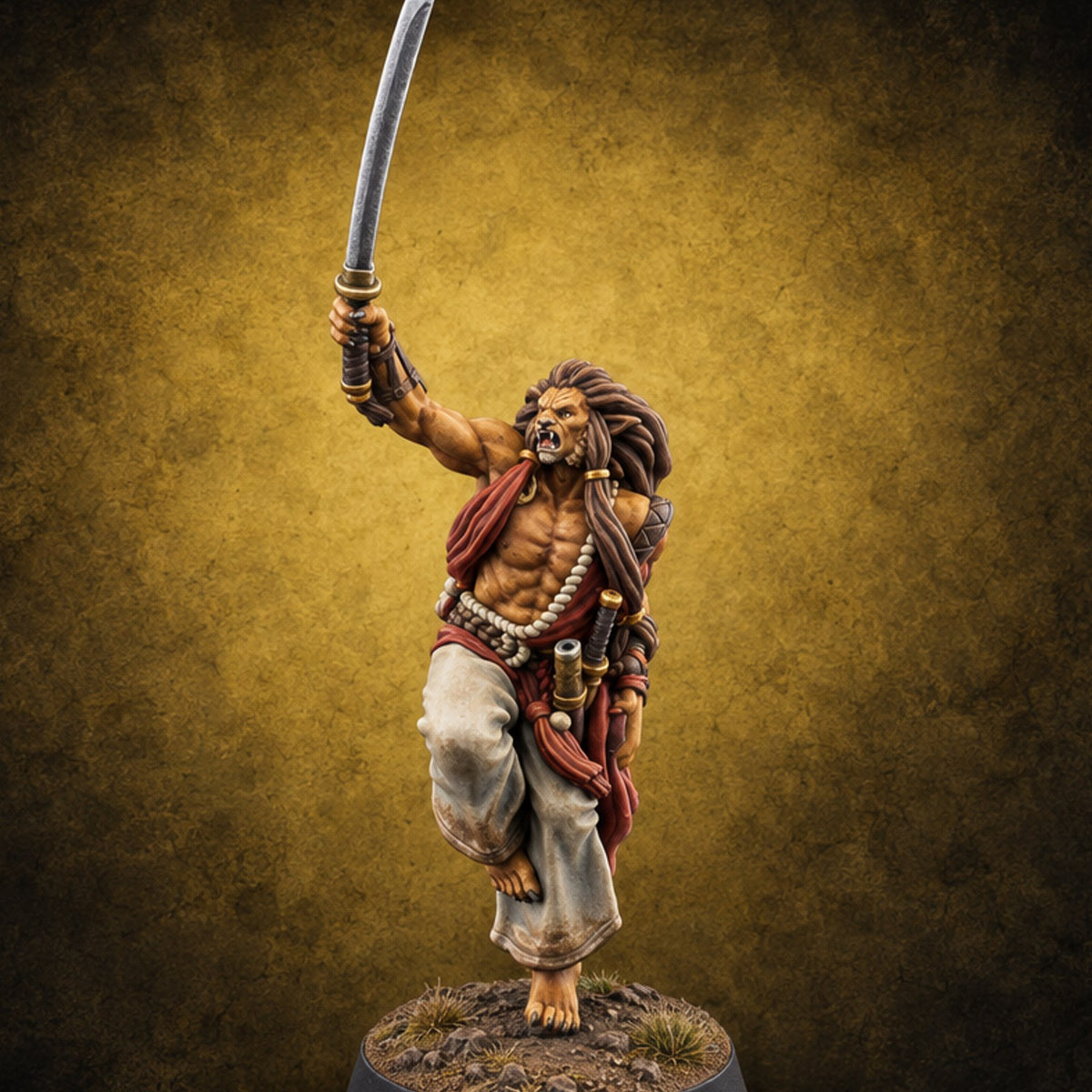 Leaps Barefoot, Blade First Leonin Sword Warrior — painted concept preview (miniature supplied unpainted)