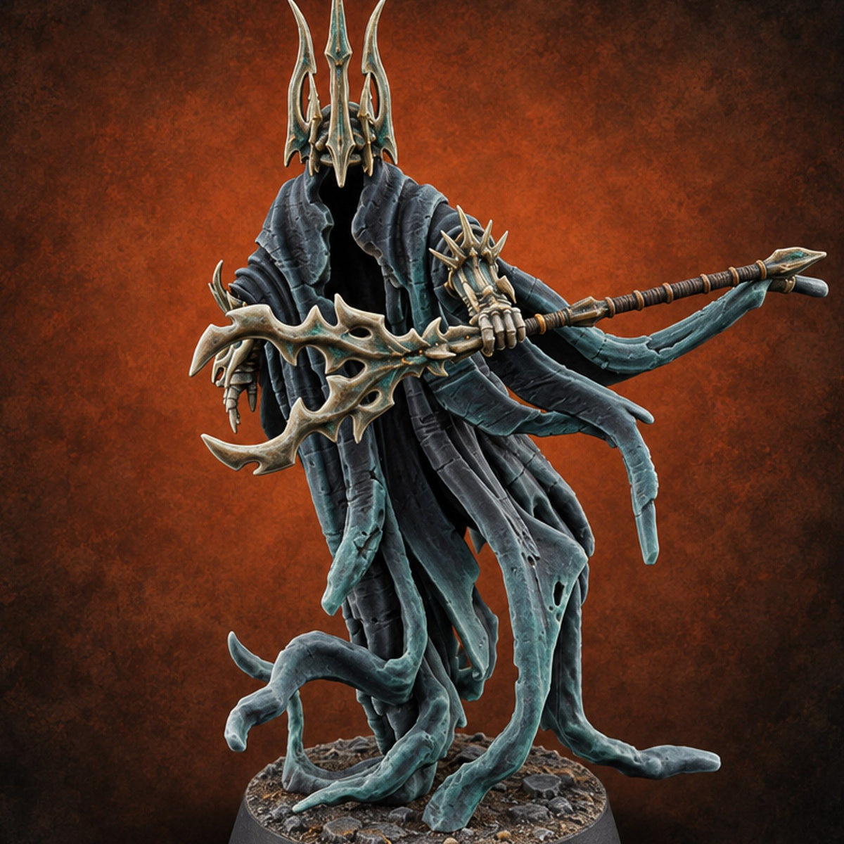 Crowned Over an Empty Hood Wraith Mage B — painted concept preview (miniature supplied unpainted)