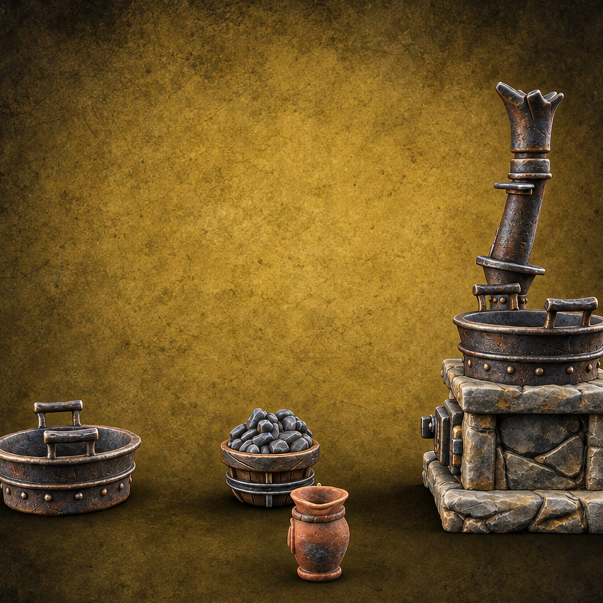 Stoke the Tub Tonight Stone Cooking Stove with Chimney — painted concept preview (terrain supplied unpainted)