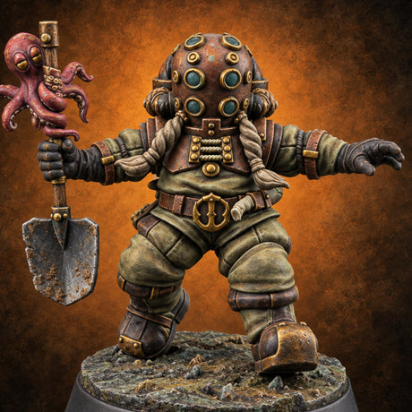 Shovel Down, Octopus Up Human Treasure Hunter Diver B — painted concept preview (miniature supplied unpainted)