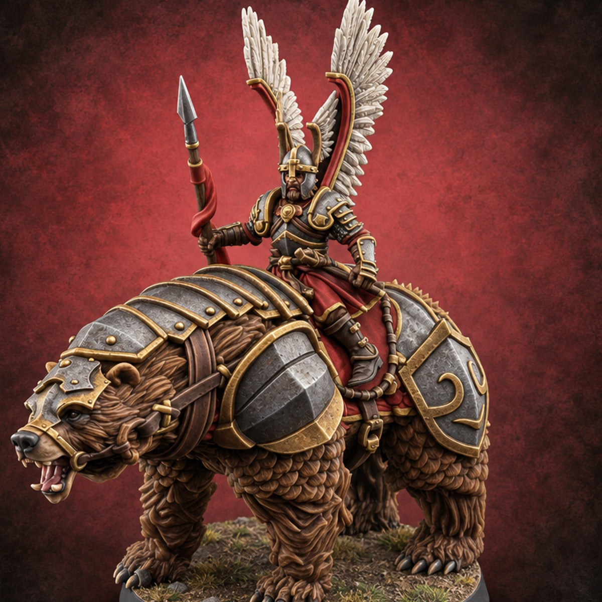 Winged Hussars, Armoured Bruin Dwarf Bear Rider A — painted concept preview (miniature supplied unpainted)