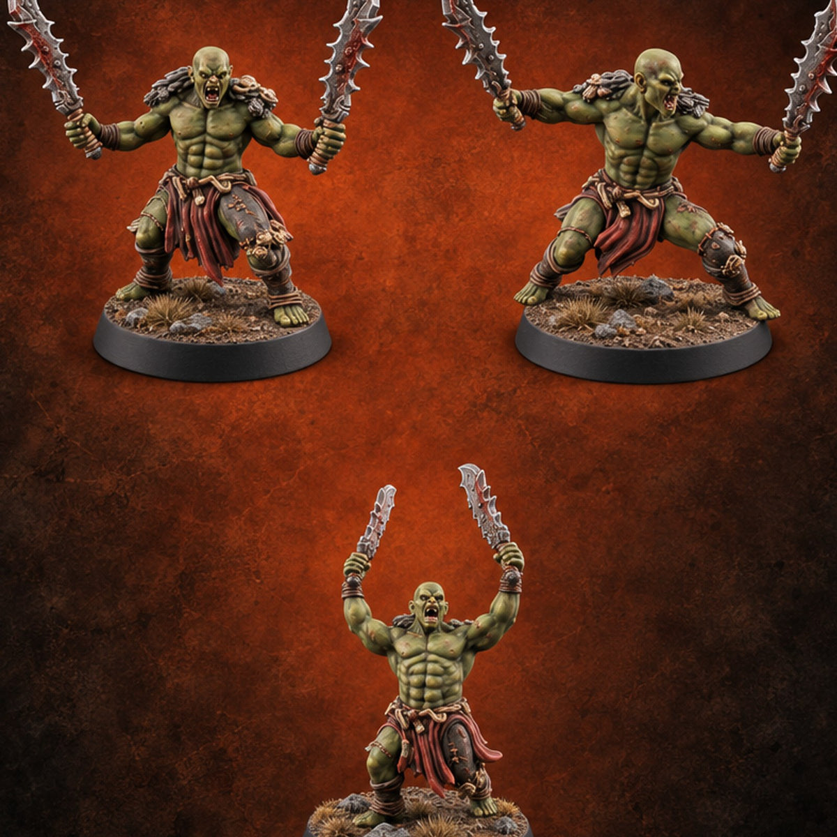 Slipped the Collar Orc Dual-Blade Warriors — painted concept preview (miniature supplied unpainted)