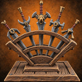 Five Blades, One Fan Wooden Sword Display Rack — painted concept preview (terrain supplied unpainted)