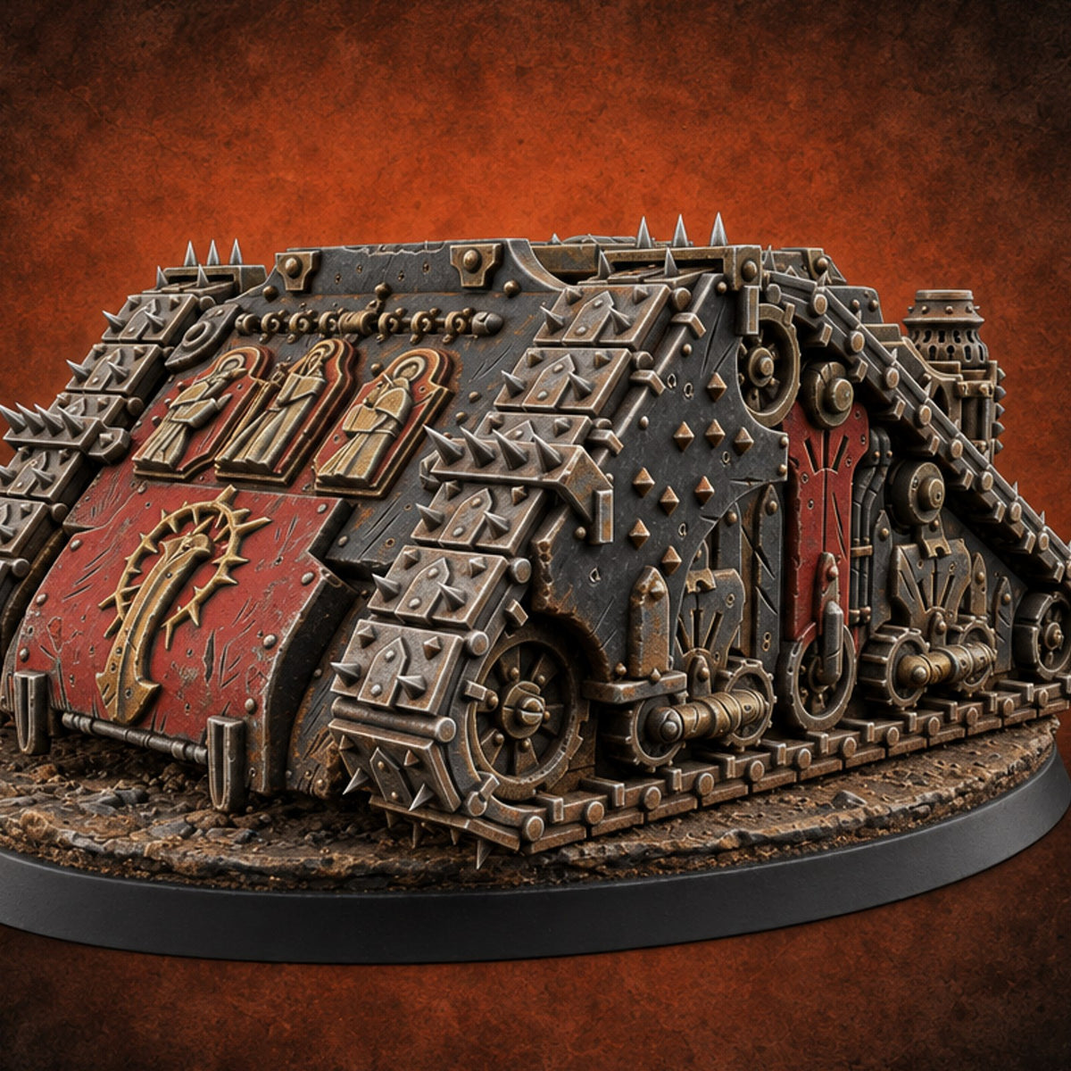 Pulpit on Treads Spiked Tracked Armoured Vehicle — painted concept preview (terrain supplied unpainted)