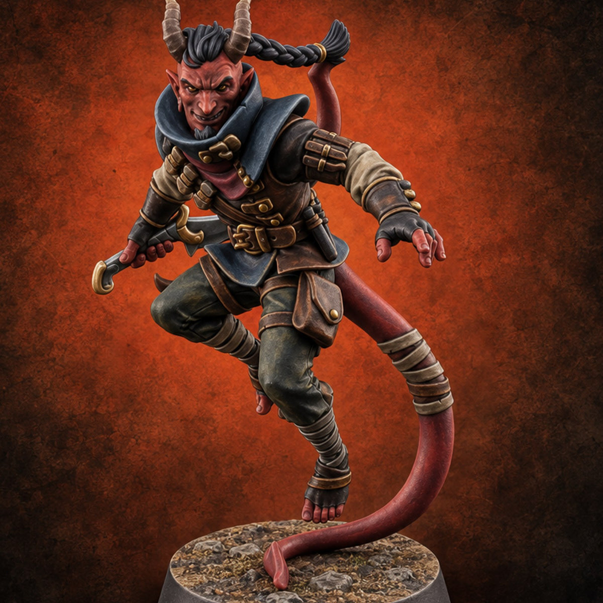 Two Tails, One Braid Tiefling Rogue — painted concept preview (miniature supplied unpainted)