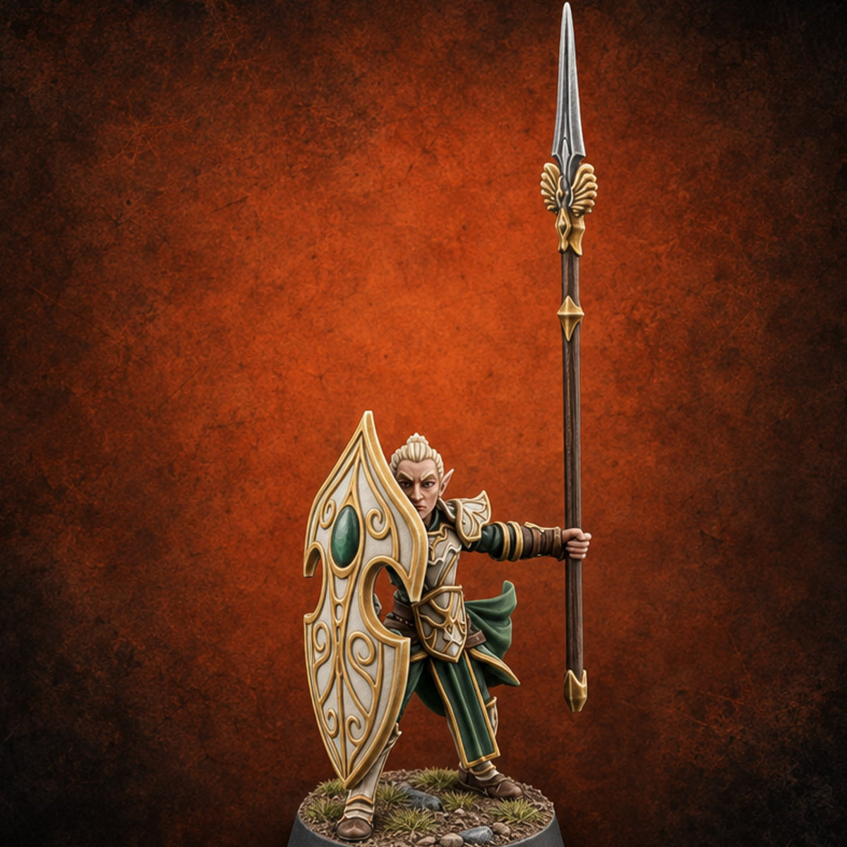 Shields Leaf-Shaped, Spears Skyward Elf Spear and Shield Guard A — painted concept preview (miniature supplied unpainted)