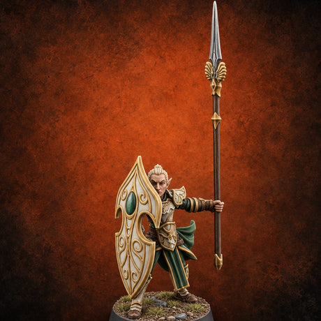 Shields Leaf-Shaped, Spears Skyward Elf Spear and Shield Guard A — painted concept preview (miniature supplied unpainted)