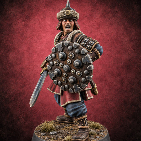 Shields Studded, Steel Singing Human Steppe Swordsman D — painted concept preview (miniature supplied unpainted)