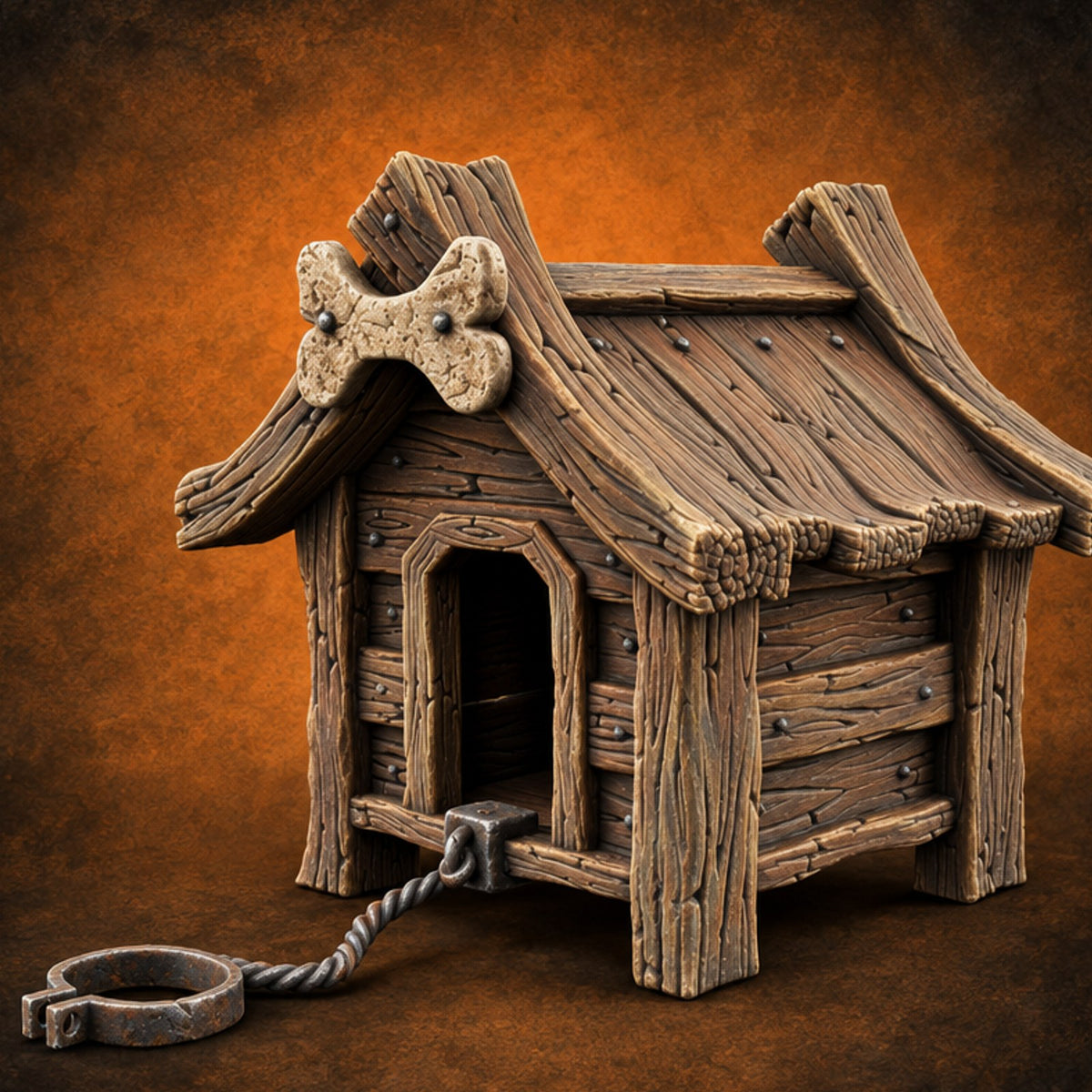 Chain Just Long Enough Wooden Farm Doghouse — painted concept preview (terrain supplied unpainted)