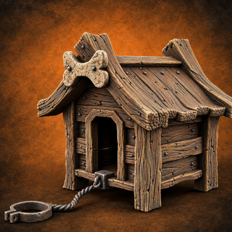 Chain Just Long Enough Wooden Farm Doghouse — painted concept preview (terrain supplied unpainted)