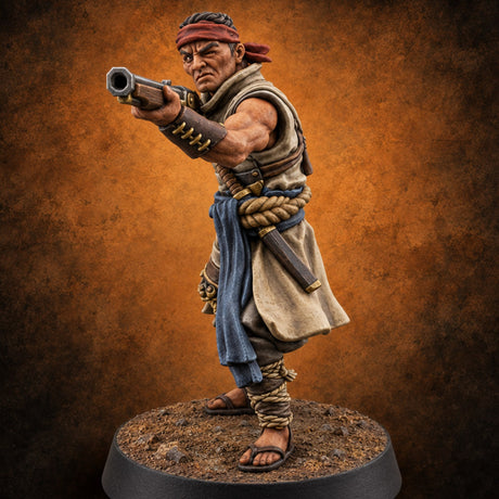 Sandals Planted, Matchlocks Steady Human Matchlock Gunner A — painted concept preview (miniature supplied unpainted)