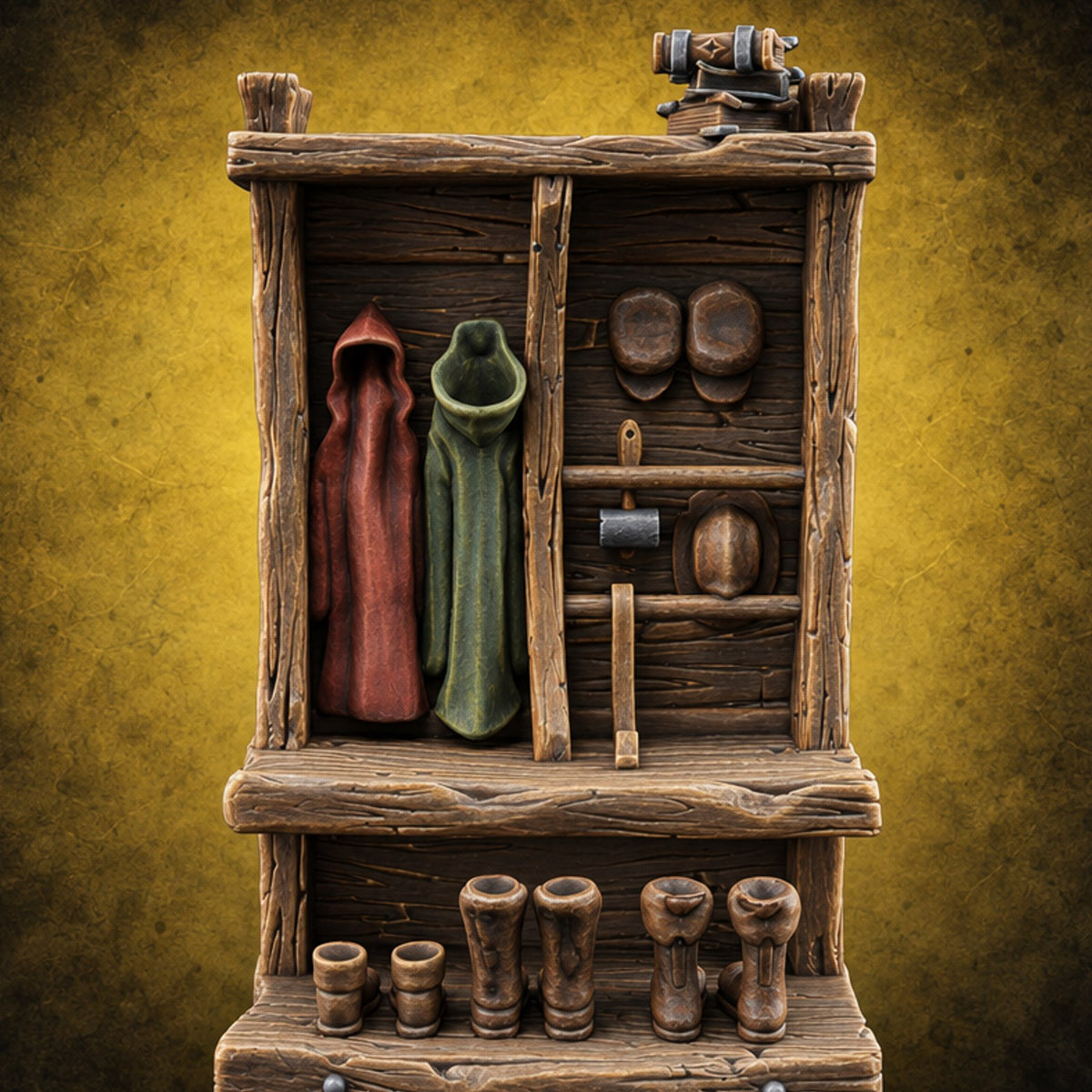 Cloaks Hung, Boots Paired Wooden Coat and Boot Rack — painted concept preview (terrain supplied unpainted)
