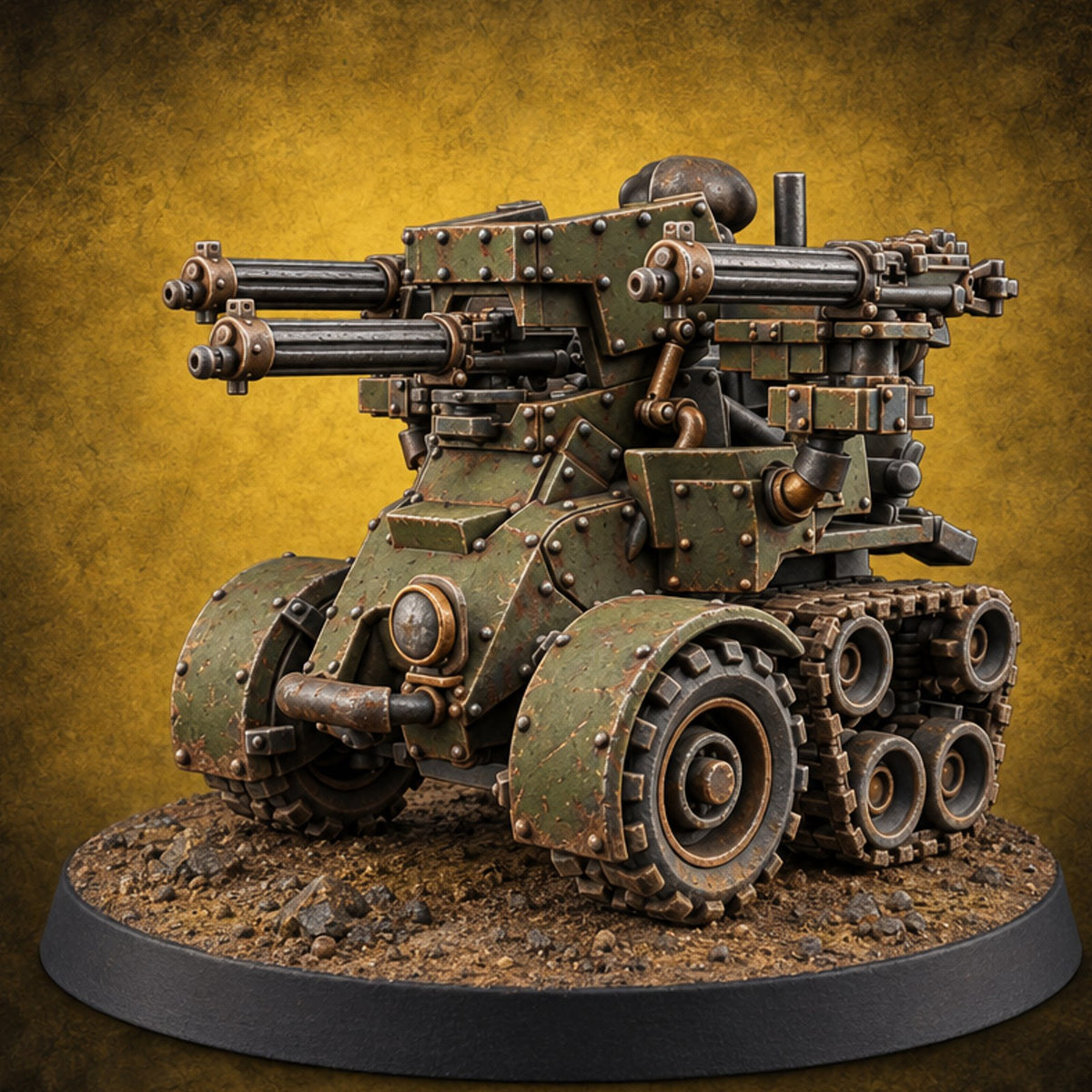 Rolling Thunder, Four Barrels Warforged Wheeled-Tracked Automaton — painted concept preview (miniature supplied unpainted)