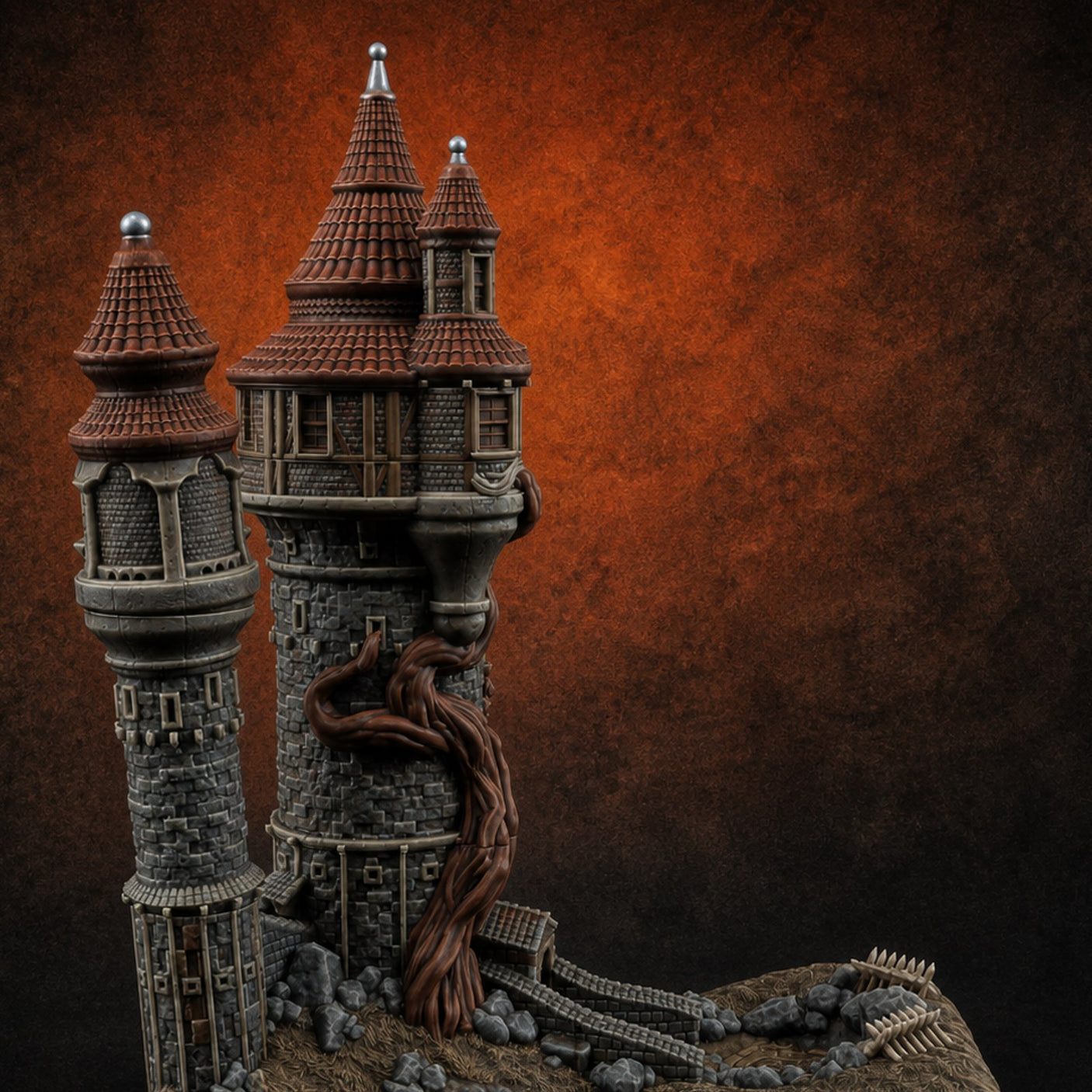 Hair-Wrapped Twin-Spired Tower — painted concept preview (terrain supplied unpainted)