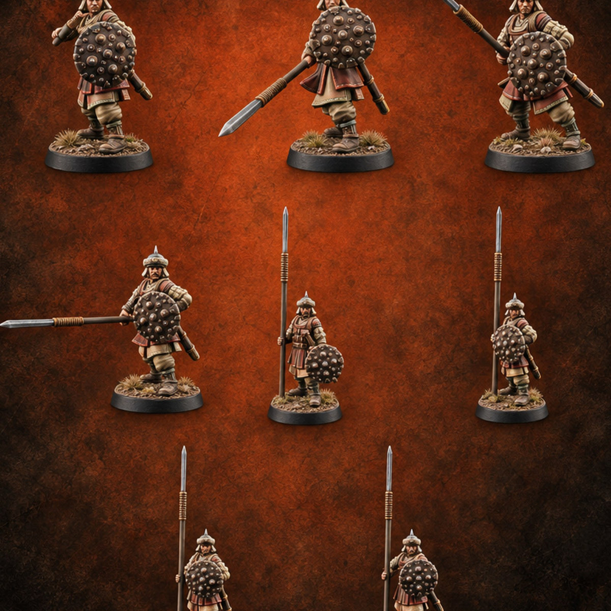 Pointed Opinions Human Steppe Spearmen with Studded Round Shields and Spiked Helms — painted concept preview (miniature supplied unpainted)