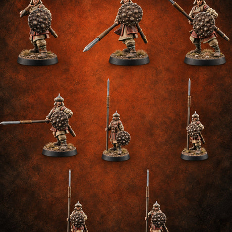 Pointed Opinions Human Steppe Spearmen with Studded Round Shields and Spiked Helms — painted concept preview (miniature supplied unpainted)