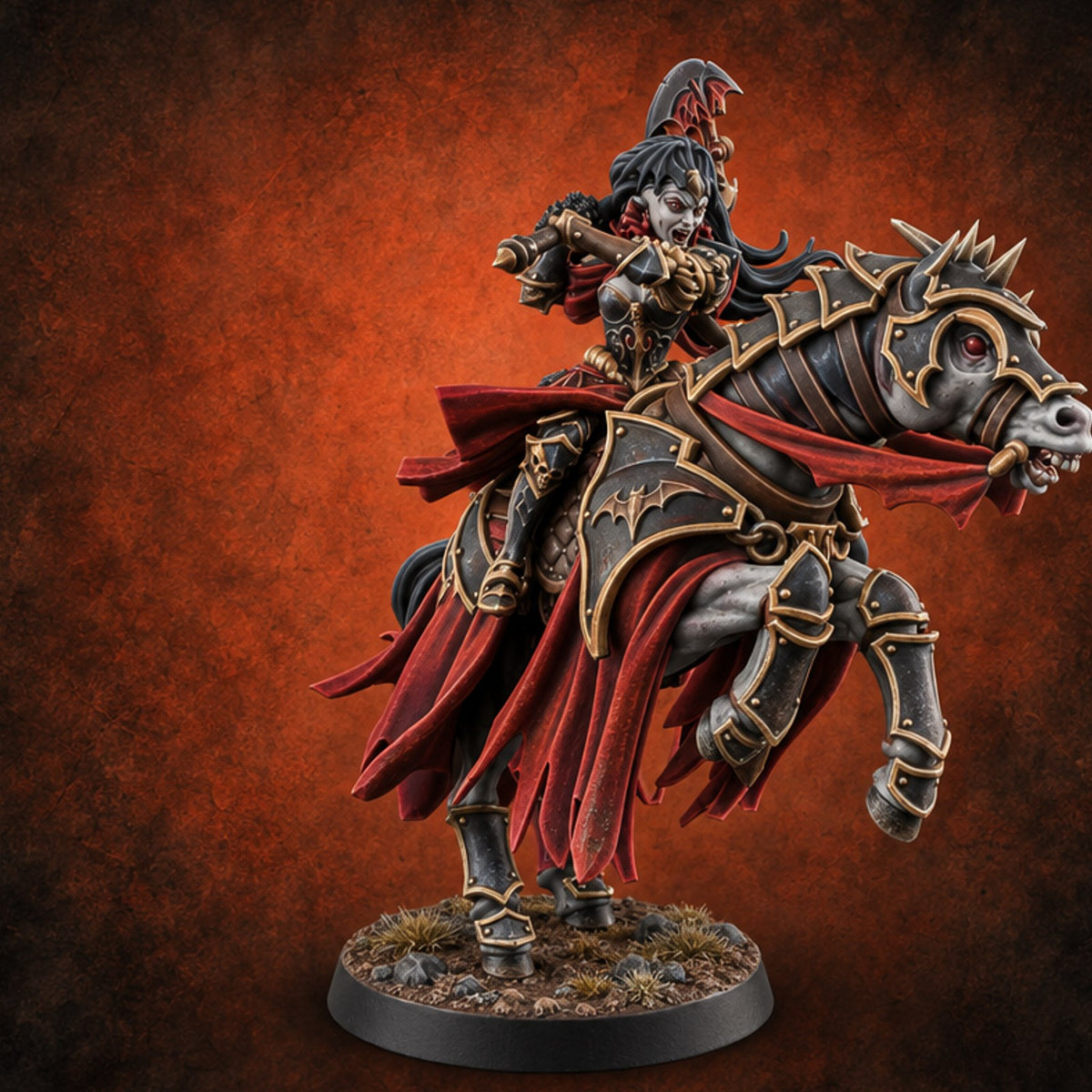 Neck and Neck Vampire Female Lord on Armoured Horse with Bat-Winged Axe — painted concept preview (miniature supplied unpainted)