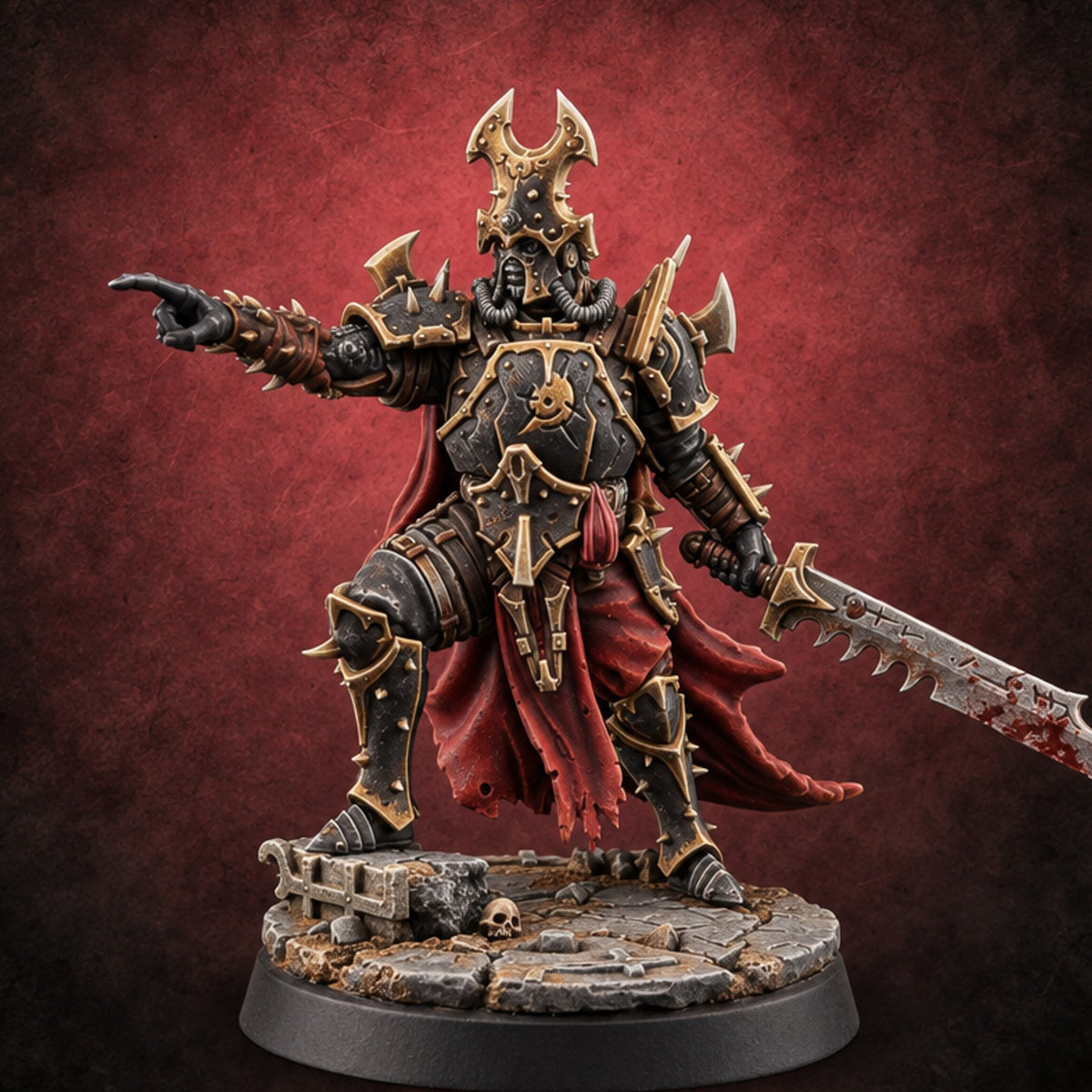 Point and Purge Human Horned-Helm Overseer with Serrated Greatsword — painted concept preview (miniature supplied unpainted)