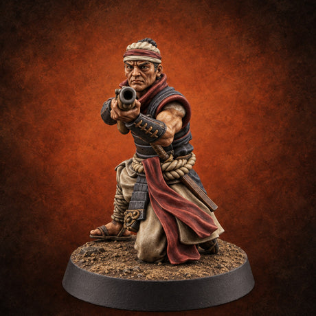 Sandals Planted, Matchlocks Steady Human Matchlock Gunner B — painted concept preview (miniature supplied unpainted)